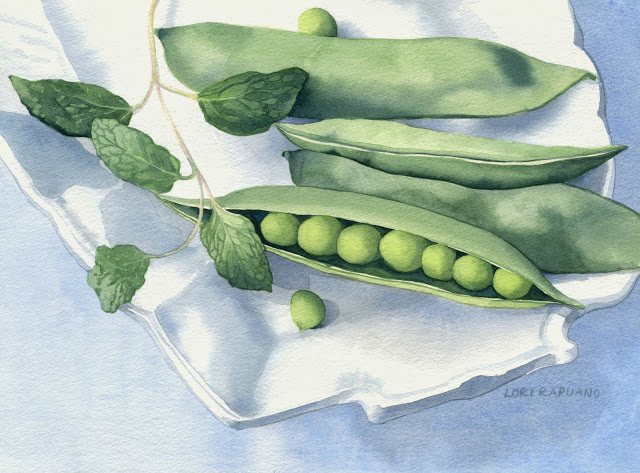 Peas with Mint, peapods on a white plate, by Lori Rapuano